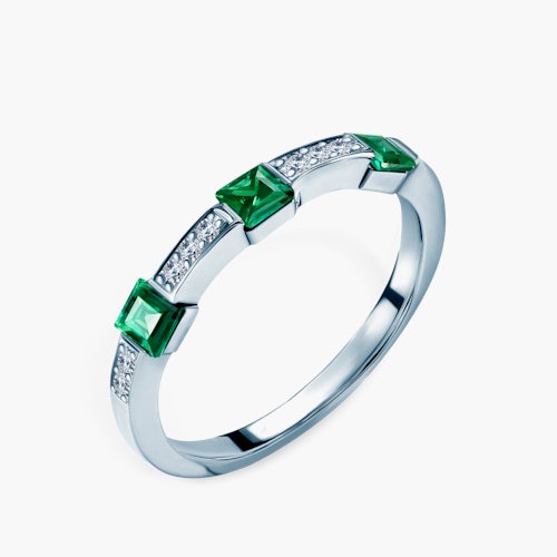 Pierścionek SAVICKI: białe złoto, szmaragdy, diamenty